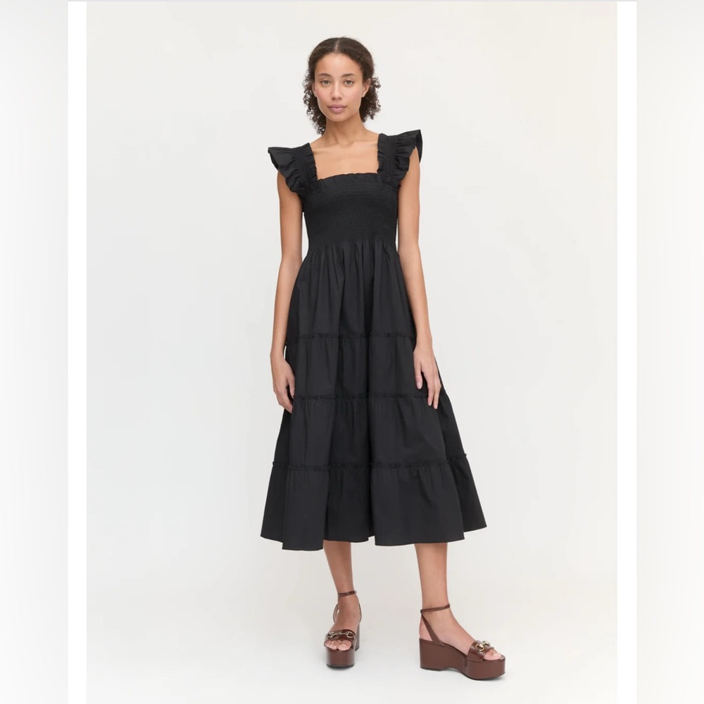 Hill House Black Midi Dress with Ruffle Sleeves